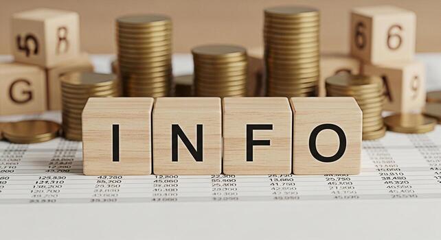 Wooden blocks spelling INFO on financial report with gold coins and dice representing data analysis investment strategy and informed decisionmaking in a business and finance setting photo