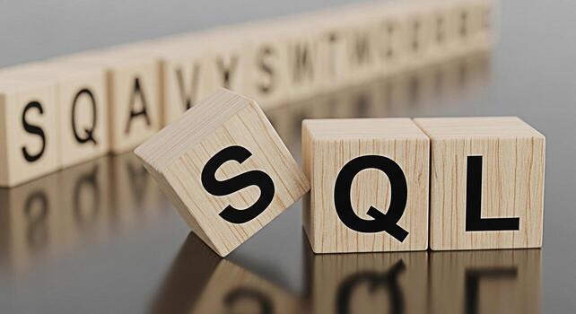 Wooden blocks spelling out SQL on a reflective surface representing database management and data querying in a conceptual and educational setting conveying precision and structured information photo