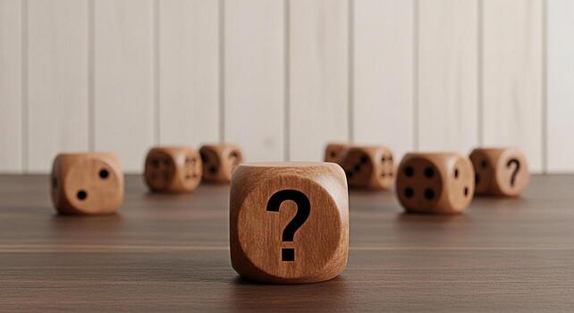 Wooden dice displaying a question mark on a wooden table in front of a white wooden wall representing uncertainty risk and the challenge of decisionmaking in business and life photo