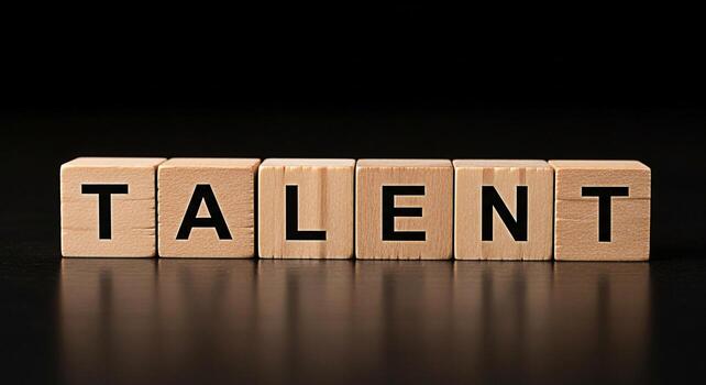 de madera bloques ortografía fuera talento en un reflexivo negro superficie simbolizando habilidad y potencial en un profesional ambiente transporte un mensaje de crecimiento y desarrollo para negocio éxito foto