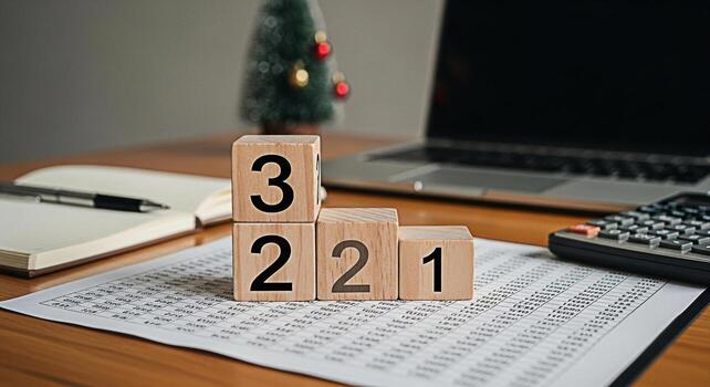 Wooden number blocks counting down on a financial spreadsheet with a Christmas tree and laptop in the background symbolizing the end of the year and financial planning for the new year photo