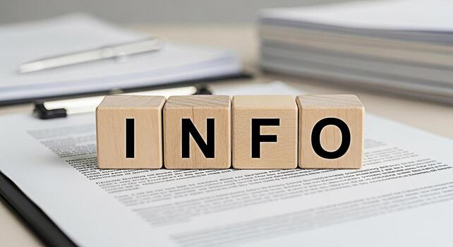 Wooden blocks spelling INFO on a document in a bright office setting representing knowledge and data analysis for business decisions and information gathering in a corporate environment photo