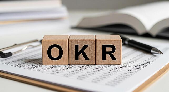 Wooden blocks spelling OKR resting on a financial report in a bright office setting symbolizing objectives and key results for business success and strategic planning promoting efficiency and growth photo
