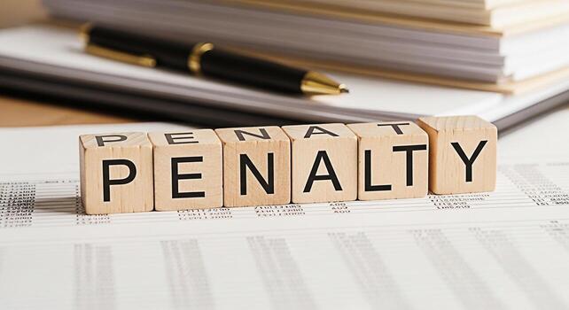 Wooden blocks spelling PENALTY on financial documents symbolizing the consequences of errors and noncompliance in a business setting creating a serious and cautionary mood about financial responsibili photo