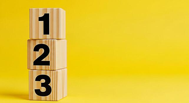 apilado de madera bloques mostrando números 1 2 y 3 en contra un vibrante amarillo fondo simbolizando secuencia aprendizaje y fundacional conceptos en un brillante y juguetón ajuste foto