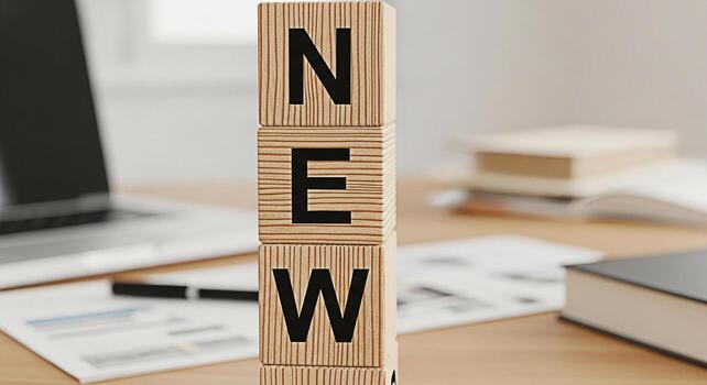 Wooden blocks spelling NEW stacked on a desk in a bright office symbolizing a fresh start innovation and new beginnings in business and personal development with a laptop and documents in the backgrou photo
