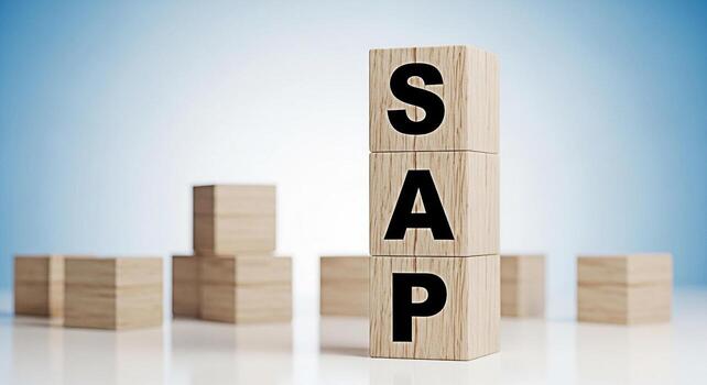 Wooden blocks displaying SAP acronym on a white surface against a gradient blue background representing enterprise resource planning and business process management for efficient operations and data a photo
