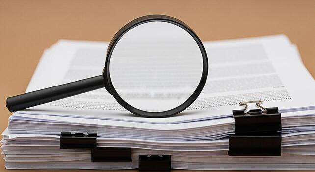 Magnifying glass examining a stack of documents on a desk symbolizing meticulous review and attention to detail in a professional setting conveying a sense of thoroughness and precision photo