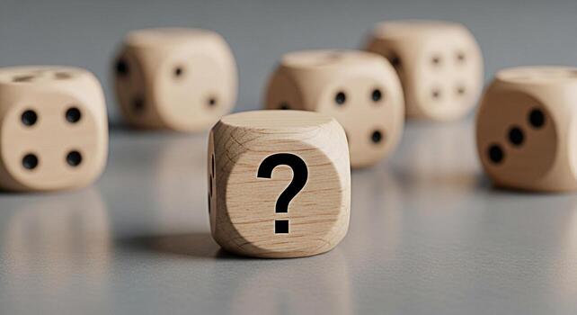 Wooden dice displaying a question mark on a neutral surface symbolizing uncertainty and decisionmaking creating a sense of intrigue and anticipation for problemsolving and strategic planning photo