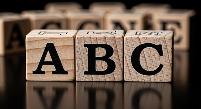 Wooden alphabet blocks displaying ABC on a reflective surface representing early childhood education and foundational learning fostering a sense of curiosity and discovery in a classroom setting photo