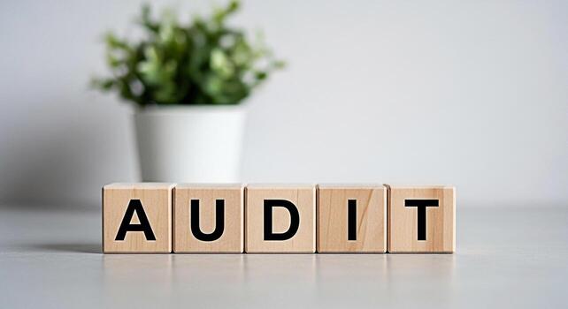 Wooden blocks spelling AUDIT on a gray surface in a bright minimalist office setting representing financial examination accuracy and transparency in business operations photo