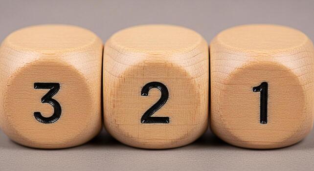 Closeup of wooden blocks displaying numbers 3 2 and 1 on a neutral surface symbolizing countdown sequence and numerical order for educational or gamerelated concepts with a minimalist aesthetic photo