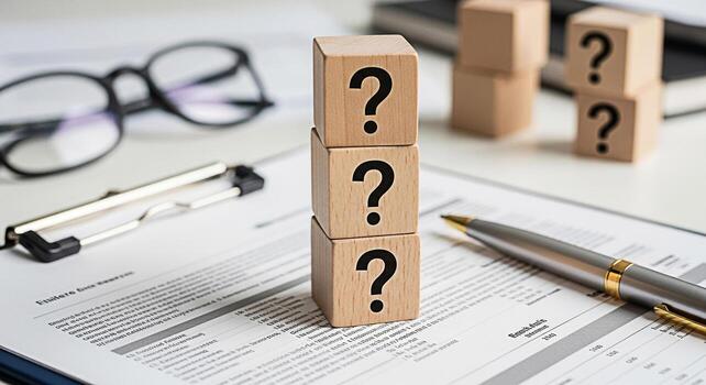 Stacked wooden blocks displaying question marks on a white desk with financial documents glasses and a pen symbolizing uncertainty problemsolving and the need for answers in a business context photo