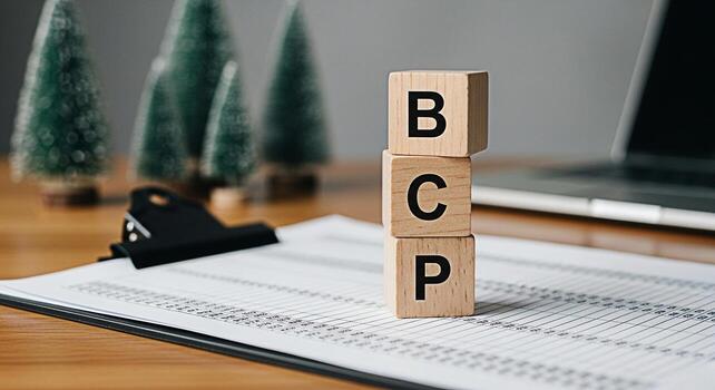 Wooden blocks spelling BCP stacked on a clipboard with financial data in a modern office setting representing Business Continuity Planning and a proactive approach to risk management and disaster reco photo