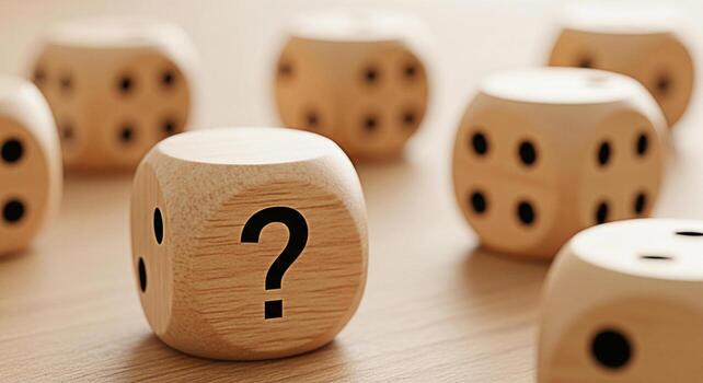 Wooden dice displaying a question mark on a wooden surface representing uncertainty risk and the unknown in a game of chance creating a sense of anticipation and potential outcomes photo