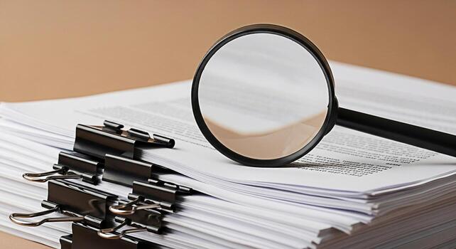 Magnifying glass examining a stack of documents with binder clips on a plain background symbolizing thorough investigation auditing and attention to detail in business and legal contexts photo