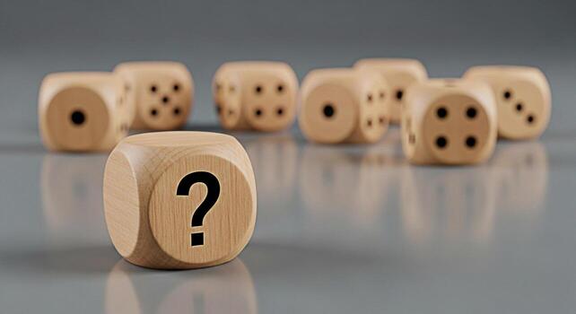 de madera dado mostrando un pregunta marca en un reflexivo estudio ambiente simbolizando incertidumbre y riesgo evaluación para negocio decisiones y estratégico planificación creando un sentido de misterio y Intro foto