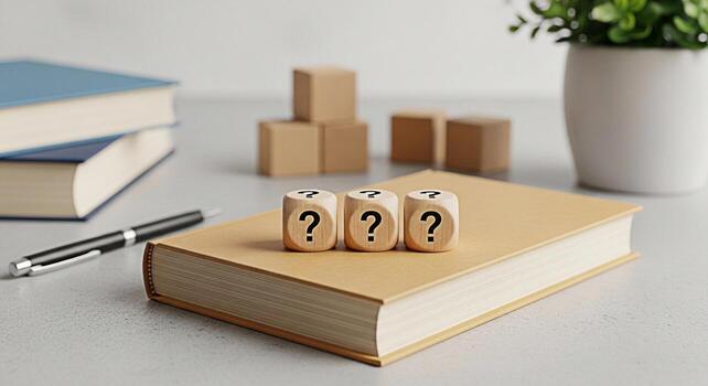 Three wooden dice displaying question marks resting on a tan book in a bright modern office setting symbolizing uncertainty curiosity and the search for answers in business and education photo