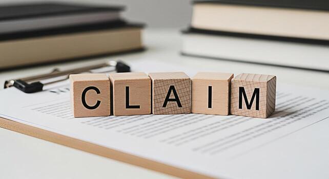 Wooden blocks spelling CLAIM resting on a legal document in a bright office setting representing insurance application compensation request or legal claim process with a sense of formality and importa photo