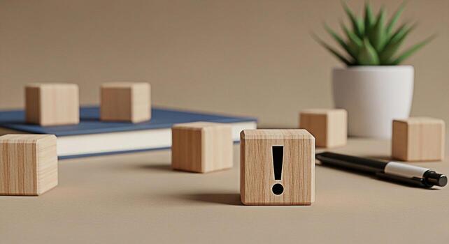 Wooden blocks displaying an exclamation mark on a desk with a book pen and plant symbolizing attention to detail problemsolving and the importance of focus in a creative and organized workspace photo