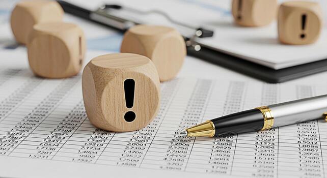 Critical business analysis with wooden dice displaying exclamation marks on financial reports emphasizing risk management and decisionmaking in a datadriven environment for strategic planning photo