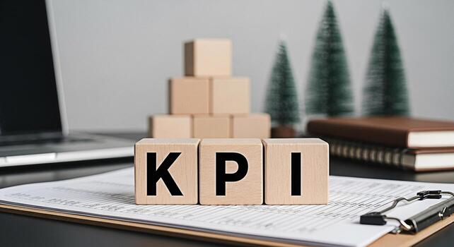 Wooden blocks spelling KPI sitting on a clipboard with financial data in a modern office setting symbolizing key performance indicators and business success with a focus on analytics and growth photo