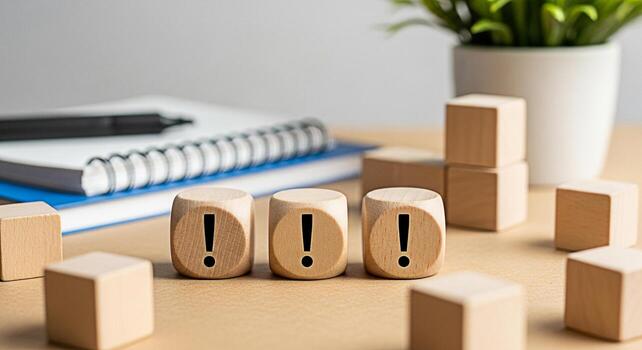 Wooden dice displaying exclamation marks on a desk with a notebook and pen symbolizing urgent tasks and important reminders in a focused and organized work environment creating a sense of attention to photo