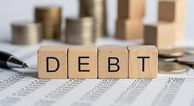 Wooden blocks spelling DEBT resting on a financial statement with a pen and coins illustrating financial challenges and the burden of debt in a business context creating a serious and concerning mood photo