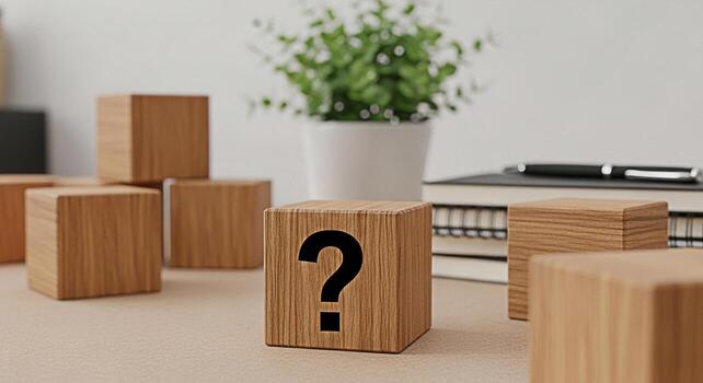 Wooden block displaying a question mark on a desk with a plant and notebook representing uncertainty and the search for answers in a clean modern office environment creating a thoughtful and inquisiti photo