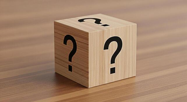 Wooden cube displaying question marks on a wooden surface representing uncertainty and mystery inviting viewers to ponder solutions and explore unknown possibilities in a conceptual and thoughtprovoki photo