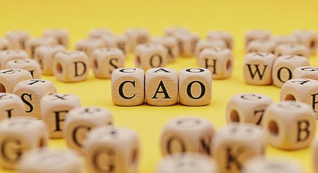 Wooden letter blocks spelling CAO on a bright yellow surface surrounded by other letter blocks creating an educational and playful atmosphere ideal for learning and creative expression photo