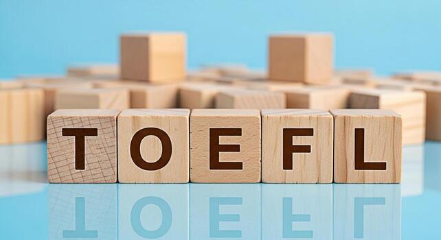 TOEFL Exam Preparation Wooden blocks spelling out TOEFL on a reflective surface against a blue background symbolizing academic success and test readiness in a bright and optimistic setting photo
