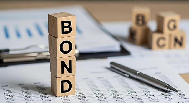 Wooden blocks spelling BOND on financial documents with a pen symbolizing investment strategy and financial security in a corporate environment creating a sense of trust and reliability photo