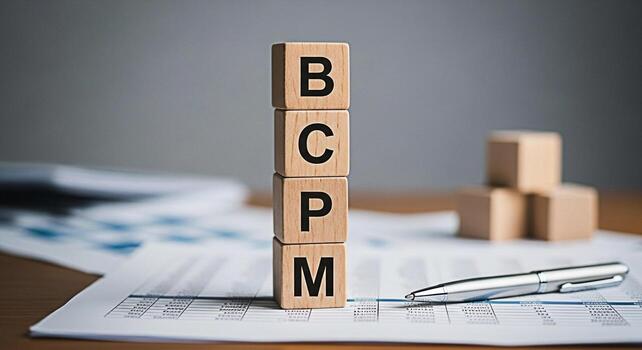 Wooden blocks spelling BCPM on a financial report with a pen representing Business Continuity Planning and Management in a corporate setting symbolizing preparedness and strategic risk mitigation photo