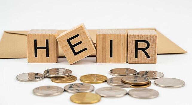 Wooden blocks spelling HEIR with scattered coins on a white surface symbolizing inheritance and financial legacy conveying a sense of wealth transfer and future planning for generations to come photo