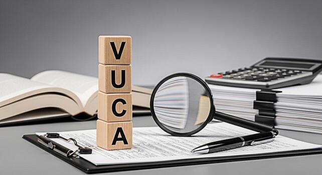 Wooden blocks spelling VUCA on a desk with paperwork magnifying glass and calculator representing volatility uncertainty complexity and ambiguity in business analysis and strategic planning photo