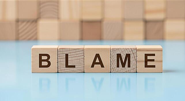 Wooden blocks spelling BLAME on a reflective blue surface creating a sense of accountability and responsibility in a business or personal context emphasizing the consequences of actions and decisions photo