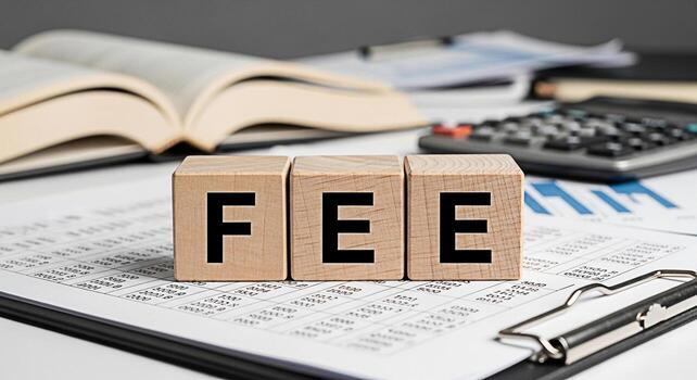 Wooden blocks spelling FEE resting on financial documents in a business office symbolizing costs expenses and charges associated with services transactions or membership with a focus on transparency a photo