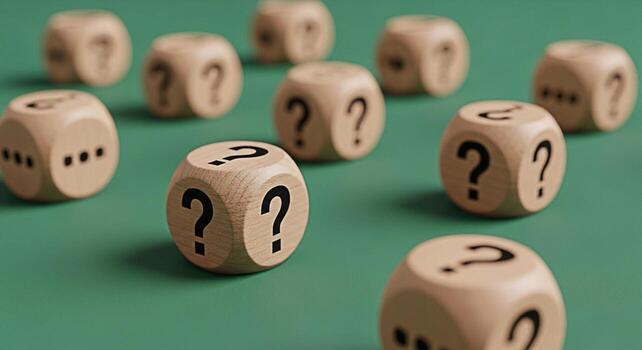 Scattered wooden dice displaying question marks and ellipsis on a green surface representing uncertainty and communication challenges in a business setting fostering a mood of curiosity and problemsol photo