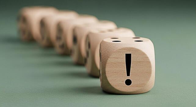 Prominent wooden die displaying an exclamation point stands out in a row on a green surface symbolizing attention urgency and the importance of clear communication in business and problemsolving photo