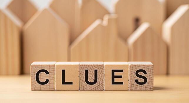 de madera bloques ortografía pistas en un de madera superficie rodeado por borroso de madera casa formas simbolizando investigación resolver problemas y el buscar para respuestas en un conceptual y minimalista ajuste foto