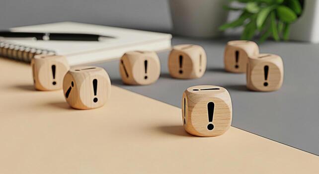 Wooden dice displaying exclamation points on a modern desk symbolizing urgency and attention to detail in a creative workspace fostering a mood of alertness and problemsolving photo