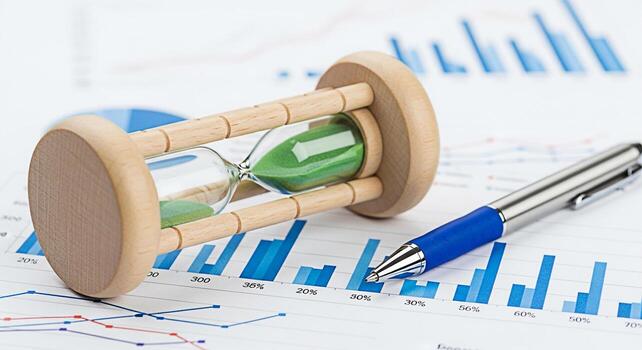 reloj de arena con verde arena descansando en financiero cartas con un bolígrafo simbolizando hora administración y plazos en negocio analítica y inversión estrategia creando un sentido de urgencia y precisión foto