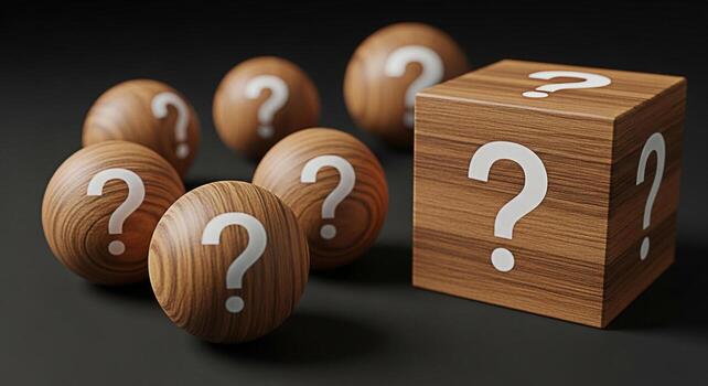 Wooden spheres and a cube displaying question marks on a dark surface representing uncertainty and the need for answers in a complex and mysterious environment sparking curiosity and problemsolving photo