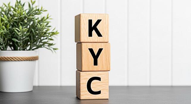 Wooden blocks spelling KYC stacked on a gray surface in a bright modern office setting symbolizing compliance and identity verification for financial security and regulatory adherence promoting trust photo