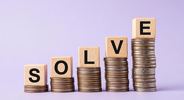 Wooden blocks spelling SOLVE stacked on coin piles against a light purple background representing financial solutions and growth symbolizing problemsolving and investment success in a business context photo