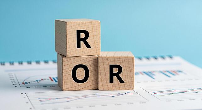 Wooden blocks spelling ERROR stacked on financial charts against a blue background symbolizing business mistakes and the need for correction in data analysis and investment strategies photo