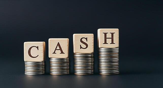 Stacks of coins displaying the word CASH symbolizing financial growth and success in a dark minimalist setting representing wealth accumulation and investment opportunities for a secure future photo