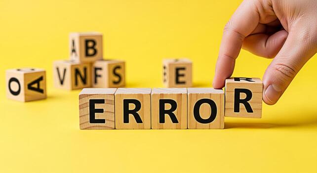Hand completing the word ERROR with wooden blocks on a vibrant yellow background symbolizing mistakes problems and the importance of error handling in business and software development photo