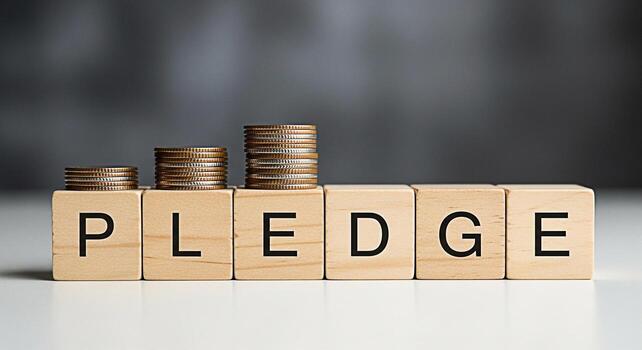 Stacks of coins growing on wooden blocks spelling PLEDGE on a white surface symbolizing commitment and financial growth representing a promise to save and invest for a secure future in a financial set photo